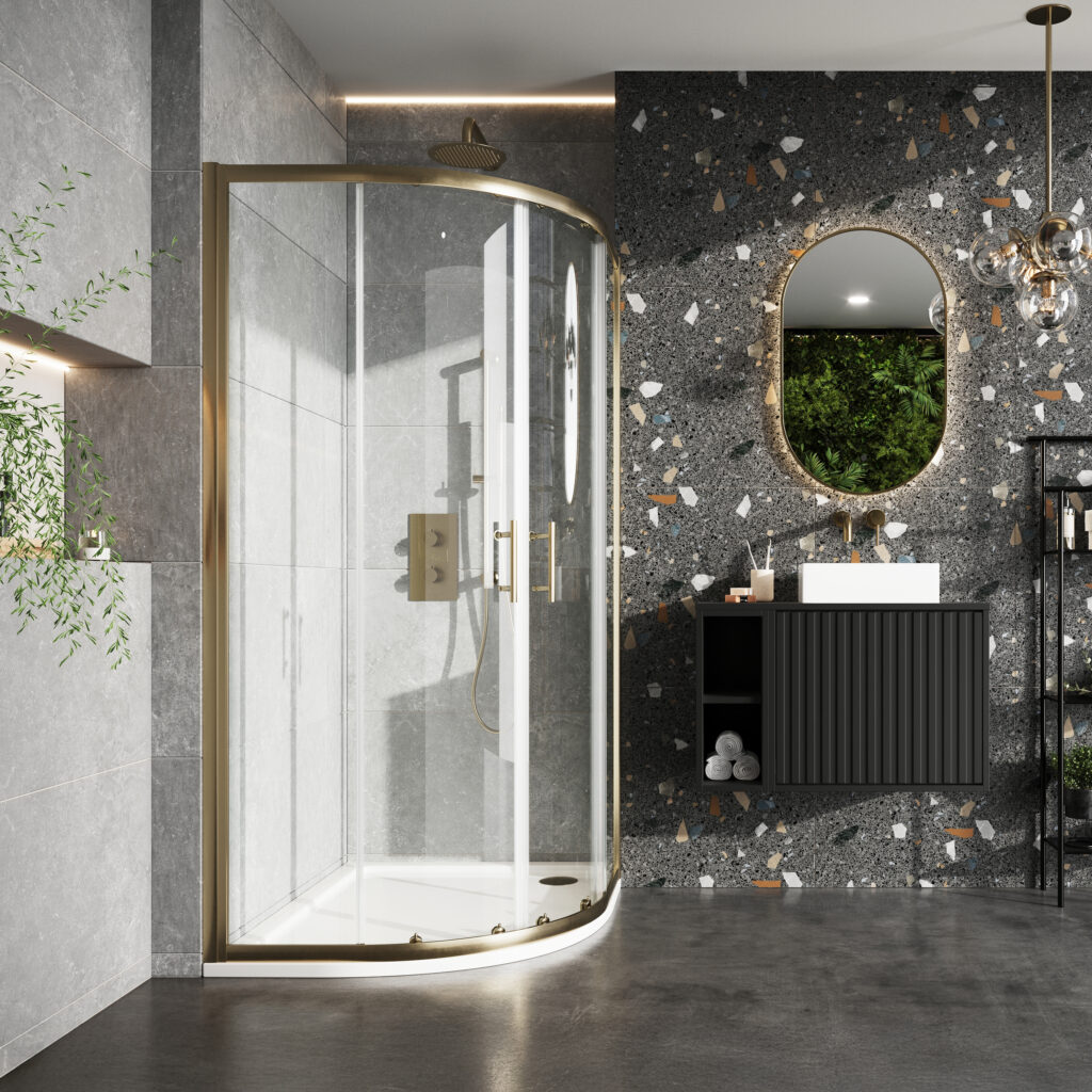 S6-BBGLASS001_INSITU_001-1-1024x1024-1.jpg S6 Brushed Brass Double Door Quadrant 900×900 - Image 1